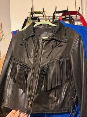 Fringed Black Leather Jacket - Women